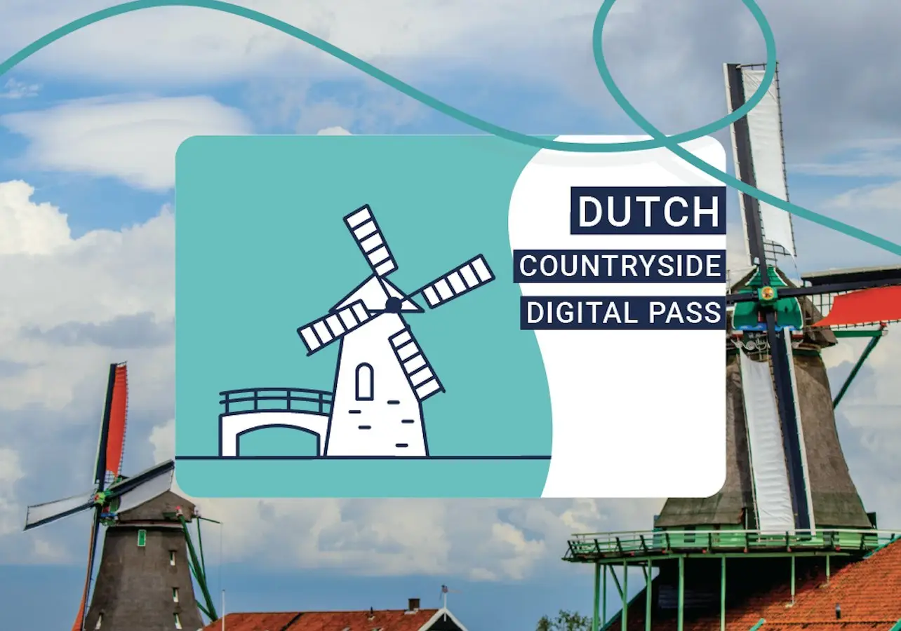 Two traditional Dutch windmills by the water with a digital pass overlay displaying "Dutch Countryside Digital Pass."