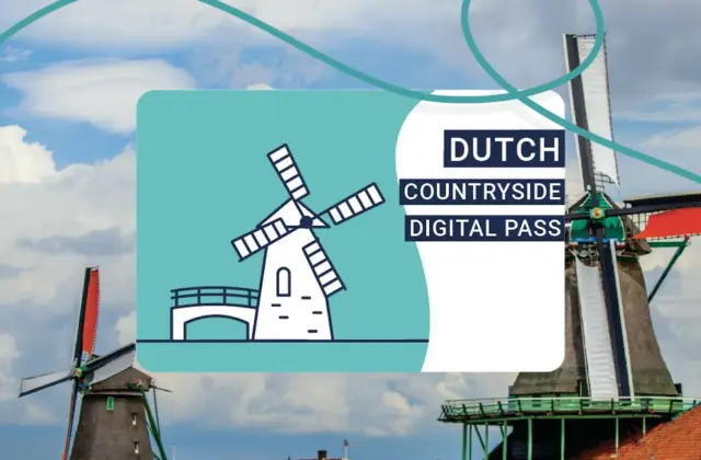 Two traditional Dutch windmills by the water with a digital pass overlay displaying "Dutch Countryside Digital Pass."