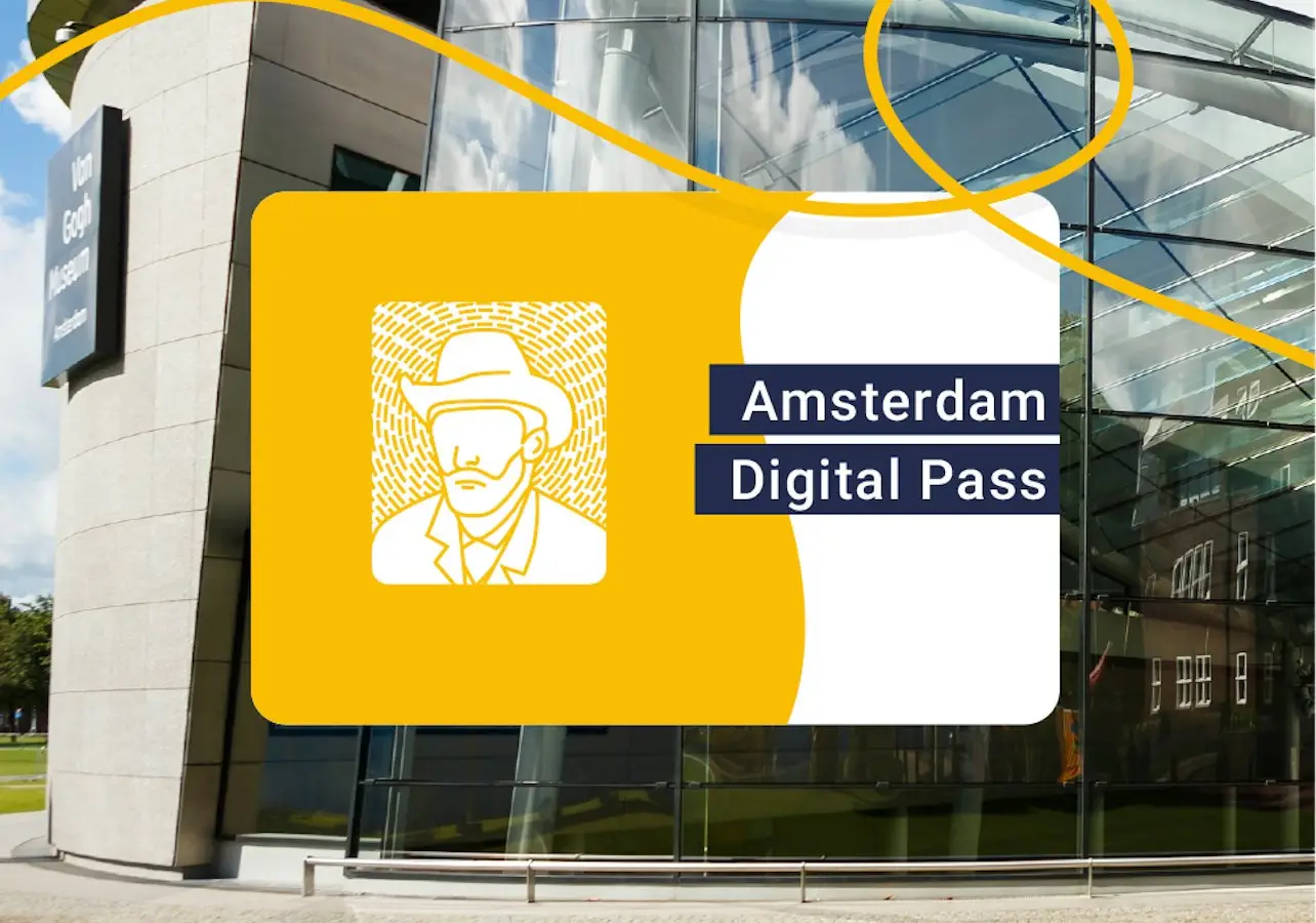Modern building exterior with glass facade. Overlayed graphic with a silhouette of a man in a hat and text: "Amsterdam Digital Pass."