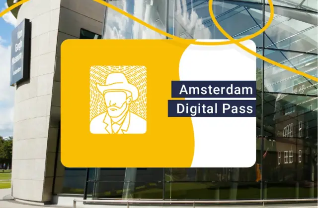Modern building exterior with glass facade. Overlayed graphic with a silhouette of a man in a hat and text: "Amsterdam Digital Pass."